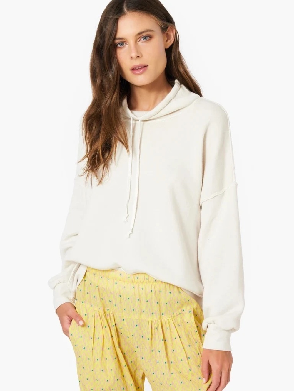 Xirena Chase Cream Cowl Neck Fleece Sweatshirt Oversized, Size XS